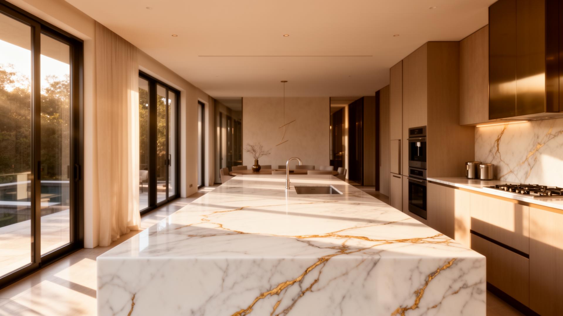 Cozinha sofisticada com bancada em mármore premium